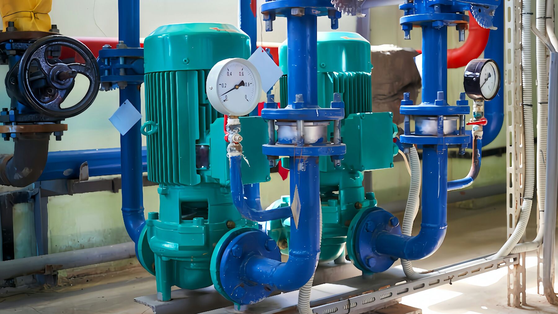 Pumps, valves and a pressure gauge on water pipework in a plant room