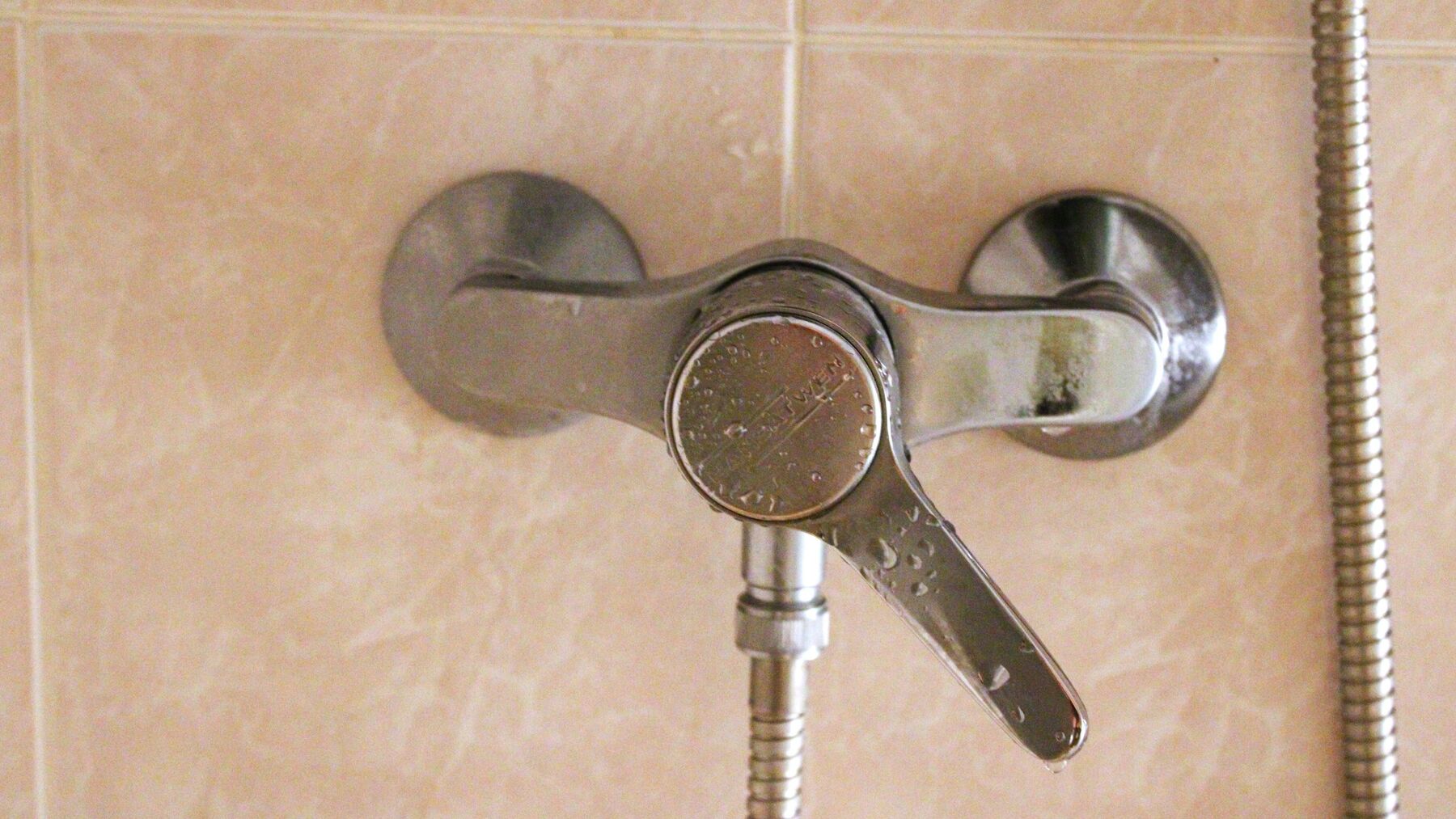 A chrome shower mixer and hand shower hose on a tiled bathroom wall