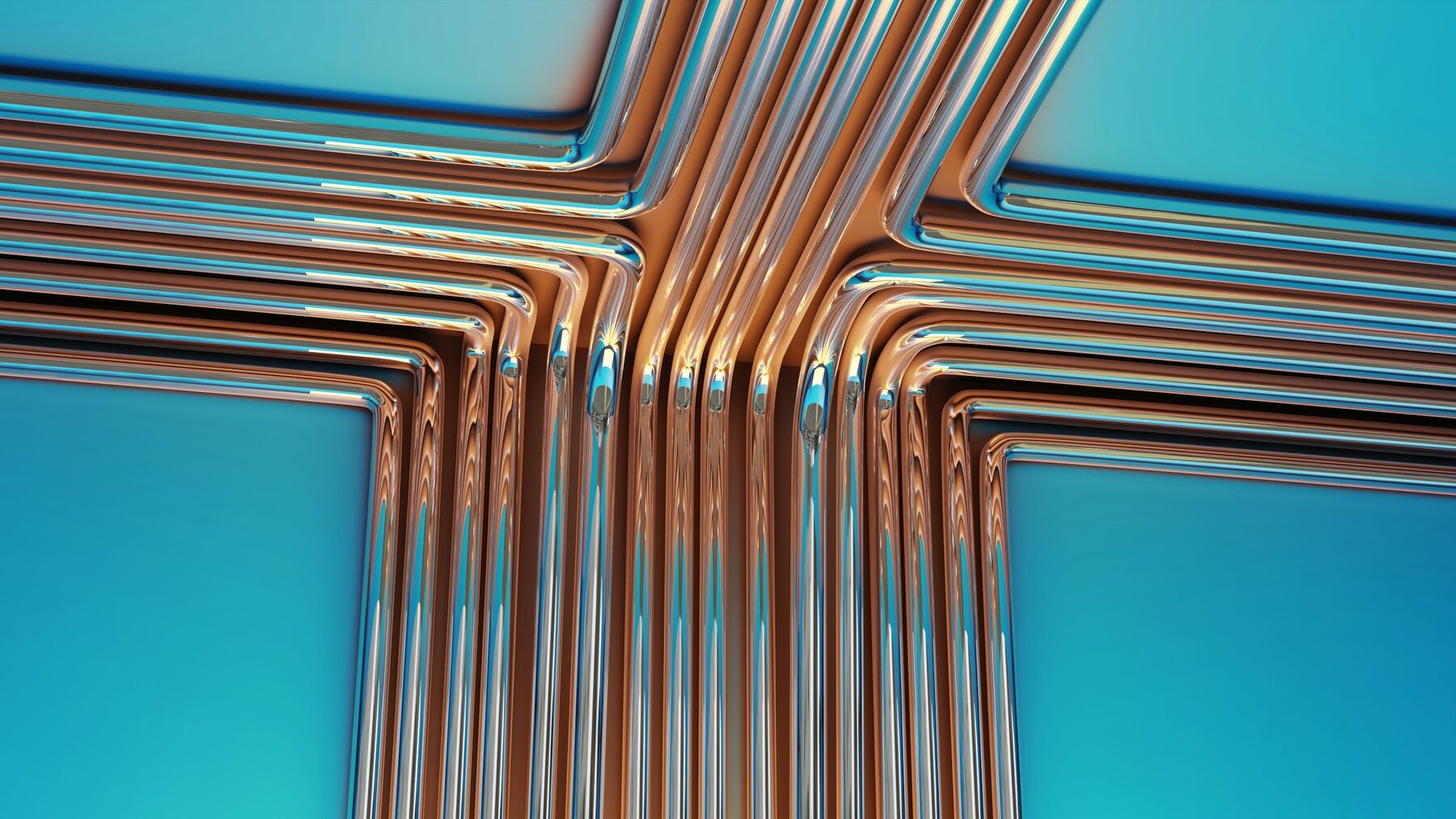Copper pipes bent and bundled together in parallel runs